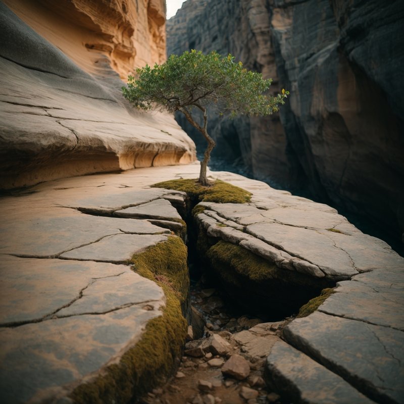 A tree growing from a crack in the rock, representing resilience and personal growth.
